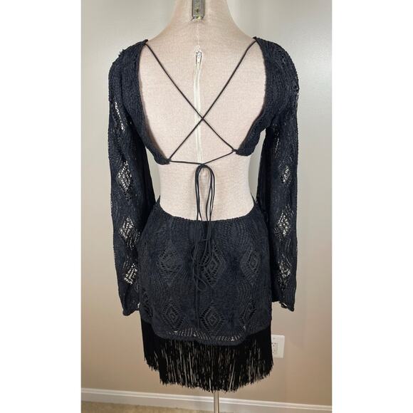 FOR LOVE & LEMONS Aubrey Crochet Fringe Long Sleeve Black Mini Dress Size Small - Picture 8 of 10